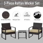 Rattan wicker patio set graphic with 2 chairs and a dark table; beige cushions shown