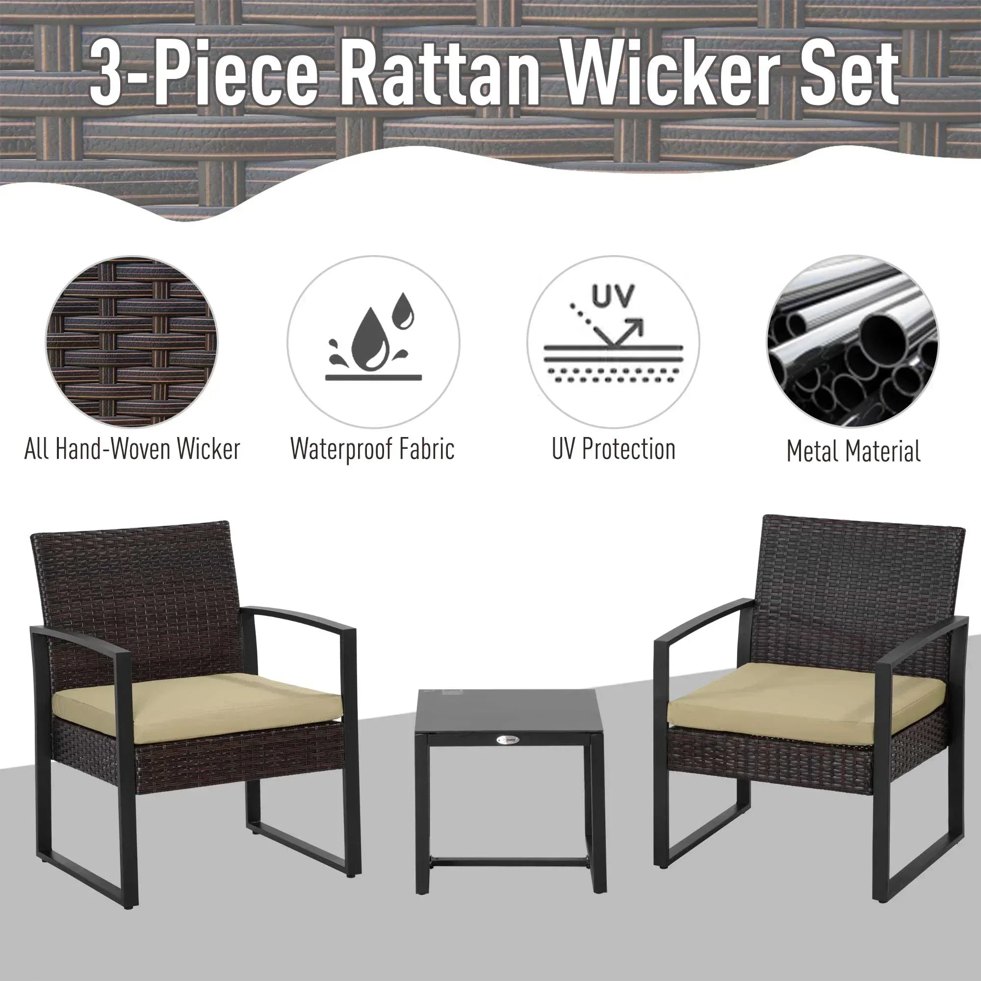 3 pcs PE Rattan Wicker Garden Furniture Patio Bistro Set Weave Conservatory Sofa Coffee Table and Chairs Set Beige - Bobobiy