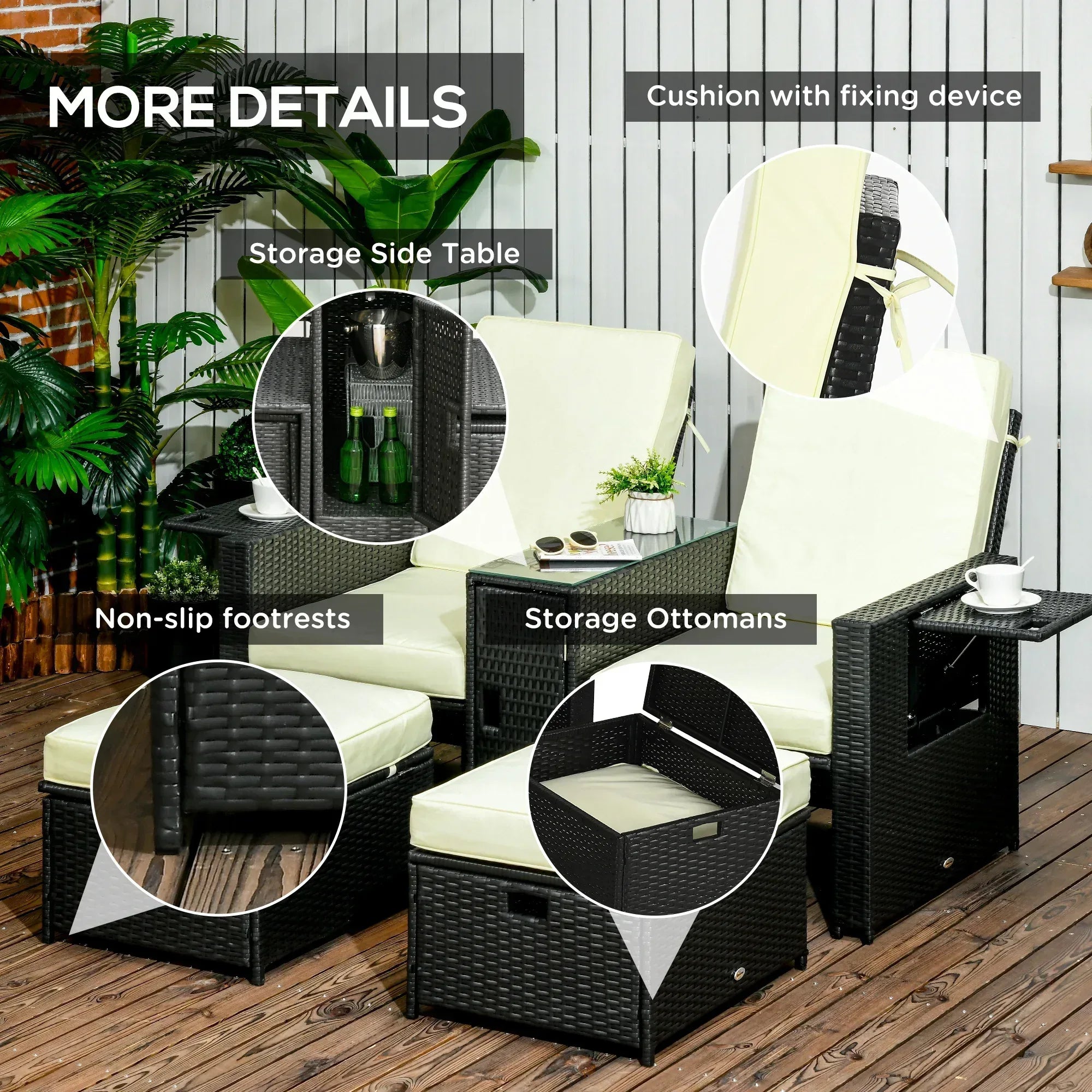 5PC PE Rattan Sun Lounger, Outdoor Wicker 5-level Adjustable Recliner Sofa Bed with Storage Side Table and Footstools, for Patio, Garden, Poolside, Black - Bobobiy
