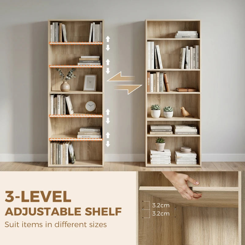 Oak wood effect bookcase with adjustable shelves and open front storage