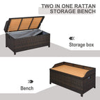 Rattan storage bench showing storage box and bench-style seat with lid.