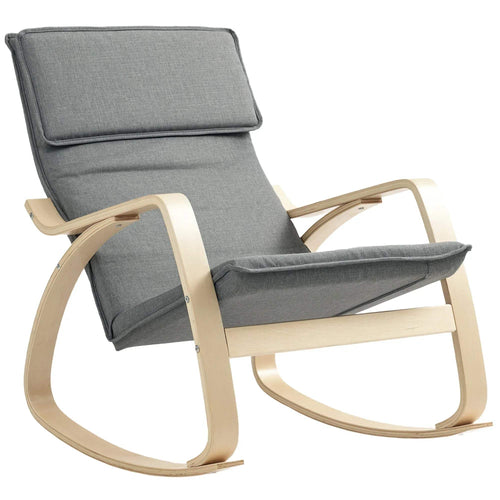 Grey upholstered rocking lounge chair with high back headrest and light wood base