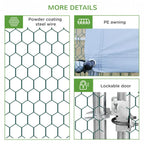 Chicken coop hardware details: powder-coated wire mesh, PE awning, lockable door