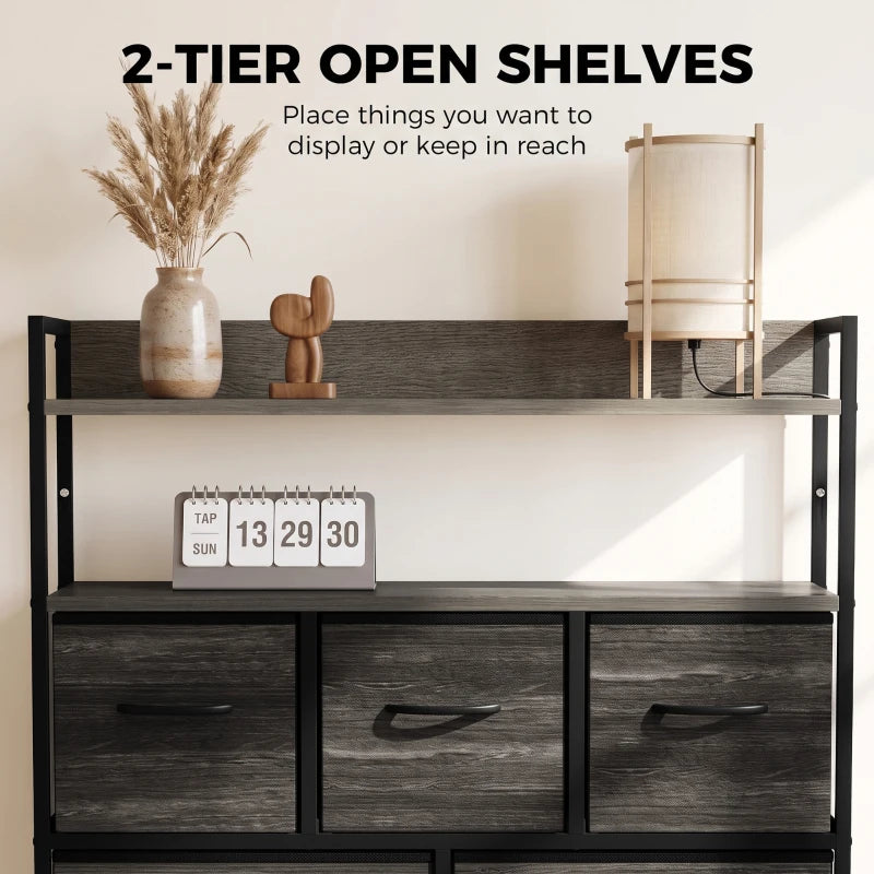 Grey wood-effect dresser with 2 open shelves and 3 drawer fronts on the bottom