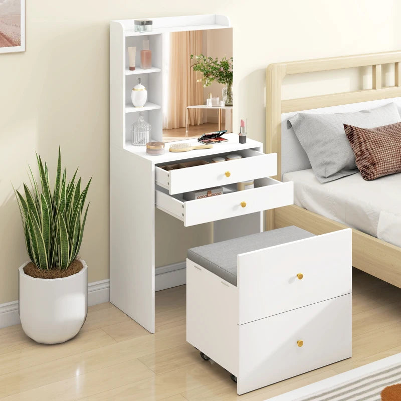 White vanity with mirror cabinet and matching mobile storage stool with pull-out drawers