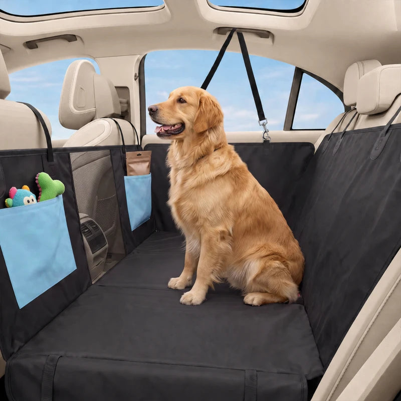 Black dog car hammock seat cover with hanging straps and blue pocket side panels