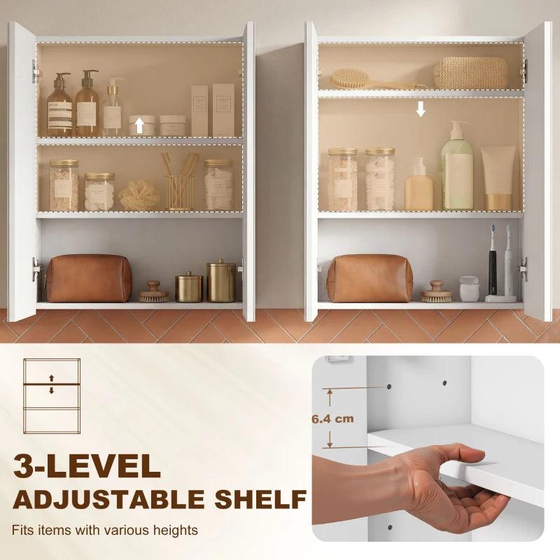 Bathroom Mirror Cabinet, 3-Tier Wall Mount Bathroom Storage Cabinet with Soft-Close Hinges and Adjustable Shelf, Double Door Cupboard, 60 x 15 x 75 cm, White
