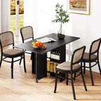Black drop-leaf dining table with two-tier shelf, expanded top, and casters