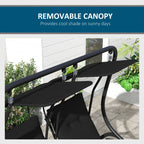 Black two-seat swing chair with removable canopy providing shade