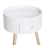 White round bedside table with drawer and light wood legs