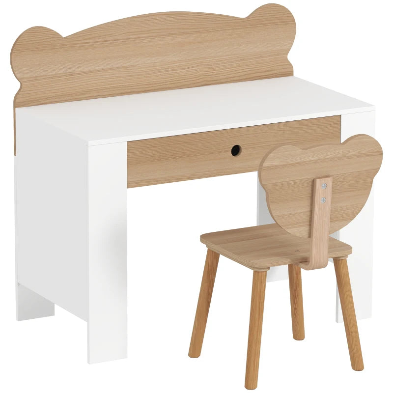 Kids desk and chair set with drawer; natural wood top and bear-shaped chair back