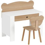 Kids desk and chair set with drawer; natural wood top and bear-shaped chair back