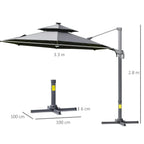 Dark grey cantilever parasol with solar light power base on tall pole