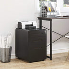 Black lockable file cabinet with three drawers and recessed pull handles