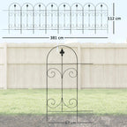 Black metal picket fence panel with arched frame and two curled scroll motifs