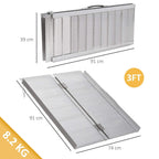 Silver folding aluminum wheelchair ramp, shown unfolded with protective end flaps