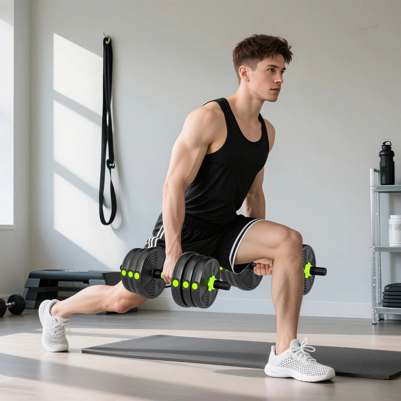 Adjustable dumbbell set used for lunges: black plates with green grips