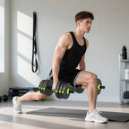 Adjustable dumbbell set used for lunges: black plates with green grips