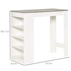Grey-top bar table with white frame, open 4-tier shelving, and support legs