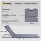 Grey foldable beach lounger diagram showing padded headrest and adjustable backrest.