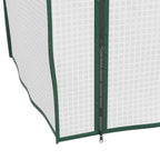 White mini greenhouse side panel with green trim and zippered seam at the corner, close-up