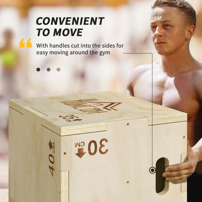 Natural wooden plyometric box with cut-in side handles and HOMCOM logo