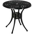 Black round cast aluminium outdoor dining table with central umbrella hole