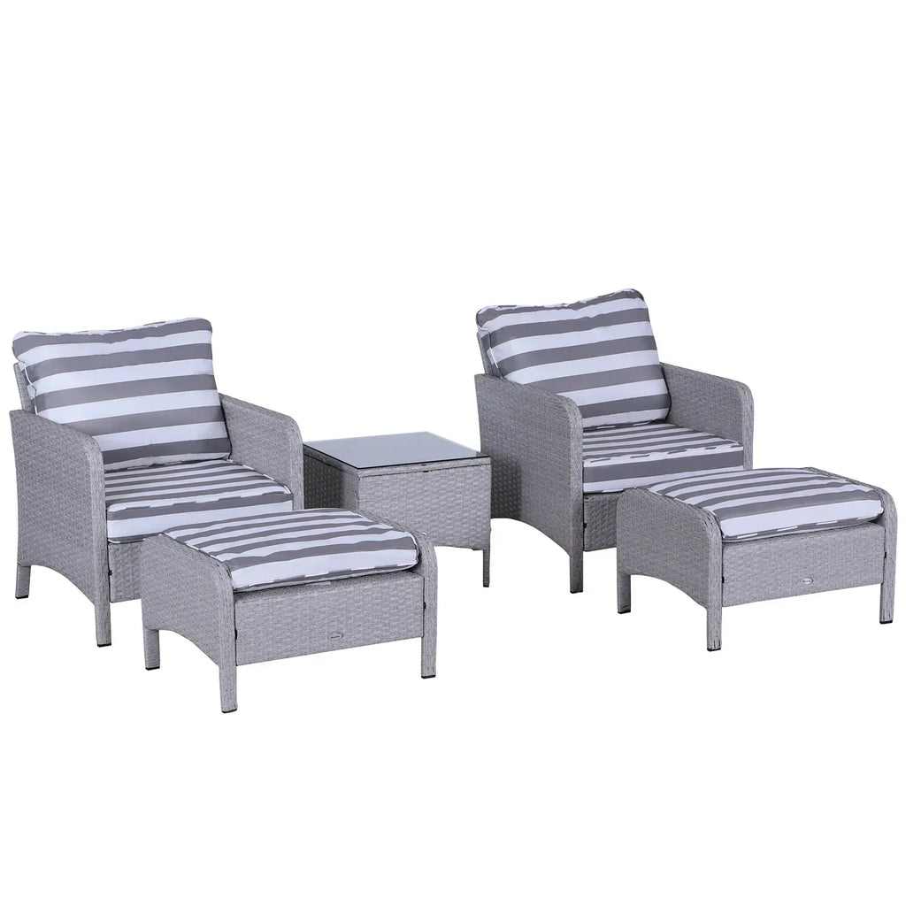 5 Pieces PE Rattan Garden Furniture Set with 10cm Thick Padded Cushions, Wicker Weave Outdoor Seating Chairs with 2 Armchairs, 2 Stools, Glass Top Table, Grey and White - Bobobiy