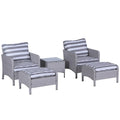 5 Pieces PE Rattan Garden Furniture Set with 10cm Thick Padded Cushions, Wicker Weave Outdoor Seating Chairs with 2 Armchairs, 2 Stools, Glass Top Table, Grey and White - Bobobiy