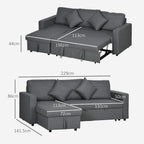 Dark grey 3-seat convertible sofa bed layout with chaise and open bed dimensions
