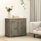 Grey wood-effect sideboard with rubber-wood top, three doors with black knobs.