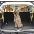 Black pet car barrier with wire mesh, installed behind the front seats