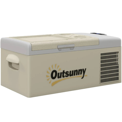 Khaki and grey portable car refrigerator with hinged lid, side vents, and handle