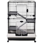 Three-tier metal hutch with black wire frame, stacked platforms and ramp, white base tray