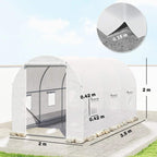 White polytunnel greenhouse with side entrance door, curved steel frame, and base