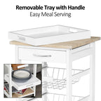 White kitchen trolley with removable tray with handle and wood tabletop