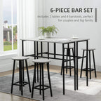 6-piece grey bar set with two rectangular tables and four round stools for seating