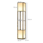 Brown tall shelf floor lamp with dual rectangular shades; side view with size