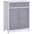 Freestanding bathroom storage cabinet with two drawers and two cabinet doors, grey and white