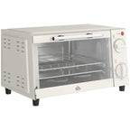 Cream mini countertop electric oven with open door and wire rack inside