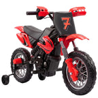 Red and black kids electric motorbike with number 7 front plate and training wheels