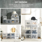 Clear modular shoe storage organizer boxes with magnetic doors, flexible stacking