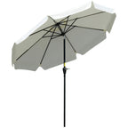 White patio table umbrella with ruffled canopy, black ribs, and central pole