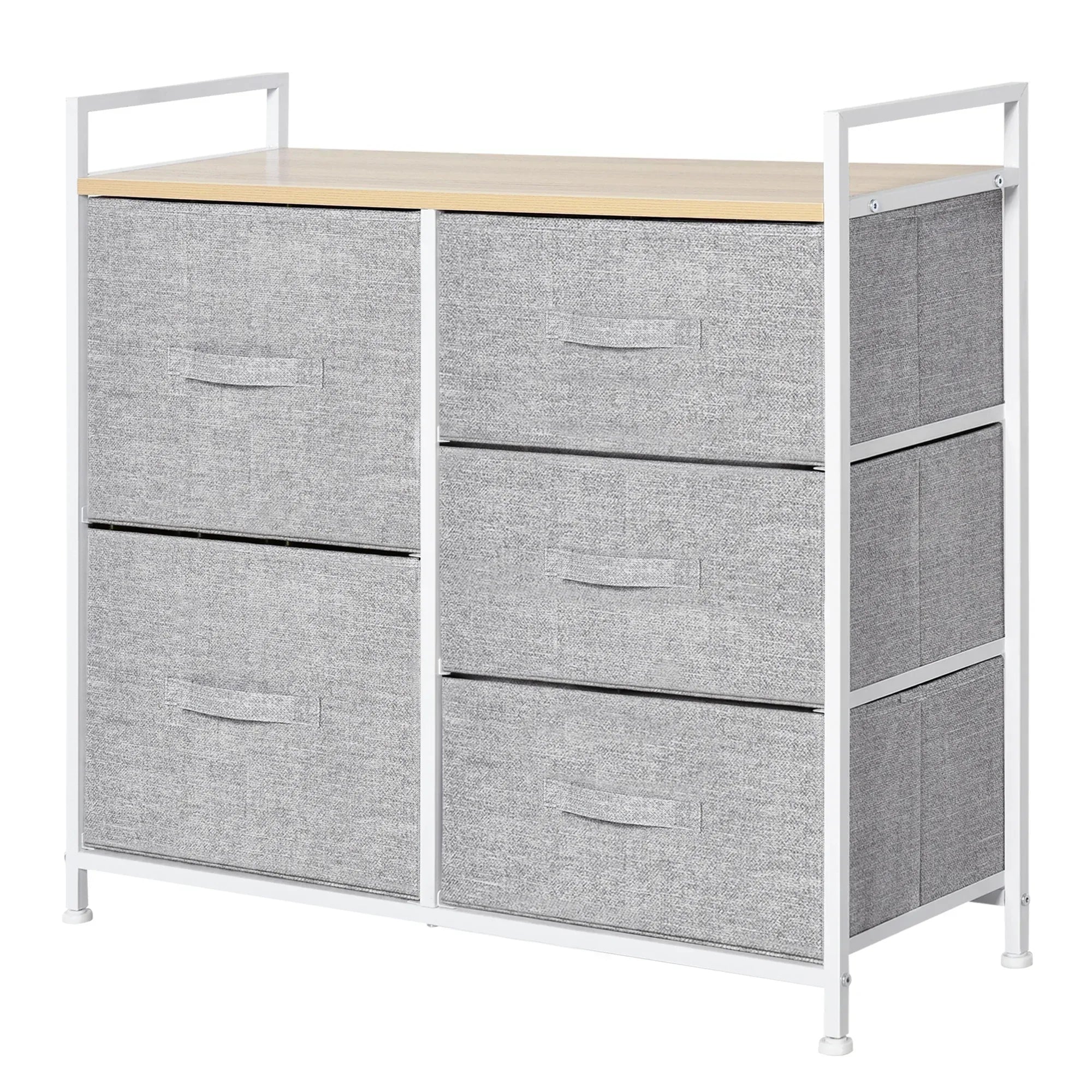5 Drawer Linen Basket Storage Unit Home Organisation w/ Shelf Handles Metal Frame Adjustable Feet Hallway Home Dresser Grey - Bobobiy
