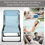 Baby blue folding chaise lounger with black side rails and mesh backrest