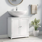 White under-sink bathroom cabinet with two paneled doors and metal knob pulls