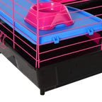 Close-up of blue platform inside pink wire small animal cage with black base corner.