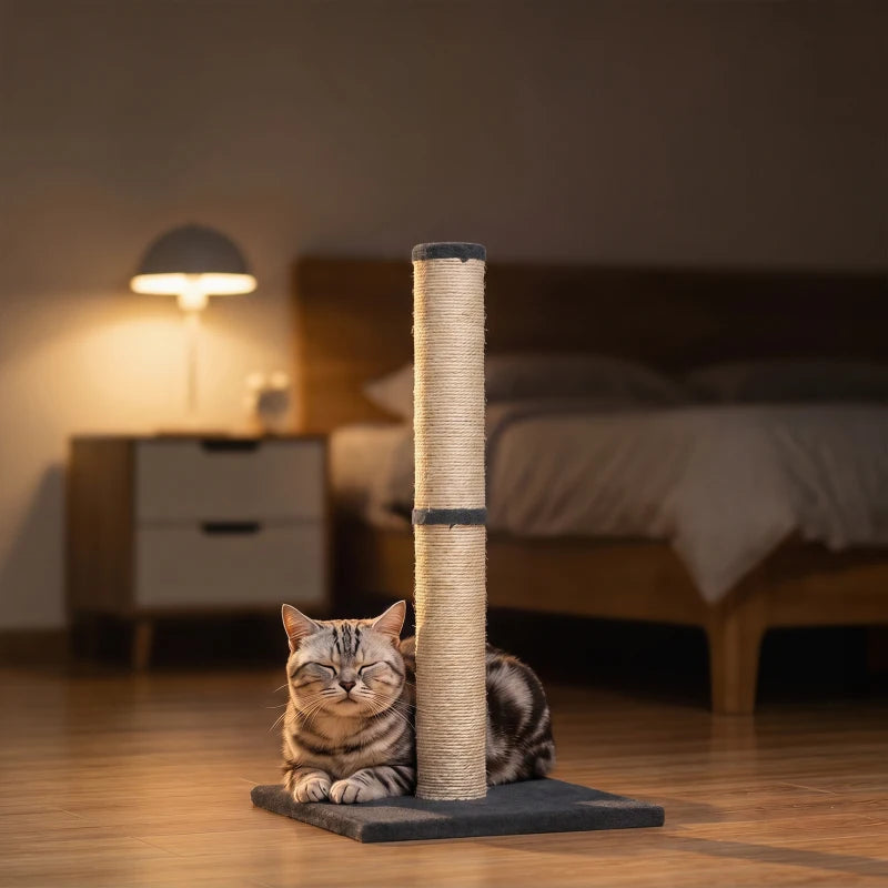 Cat scratching post with beige sisal rope and dark grey square base
