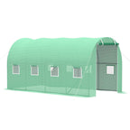 Green walk-in polytunnel greenhouse with roll-up zip door and side mesh windows
