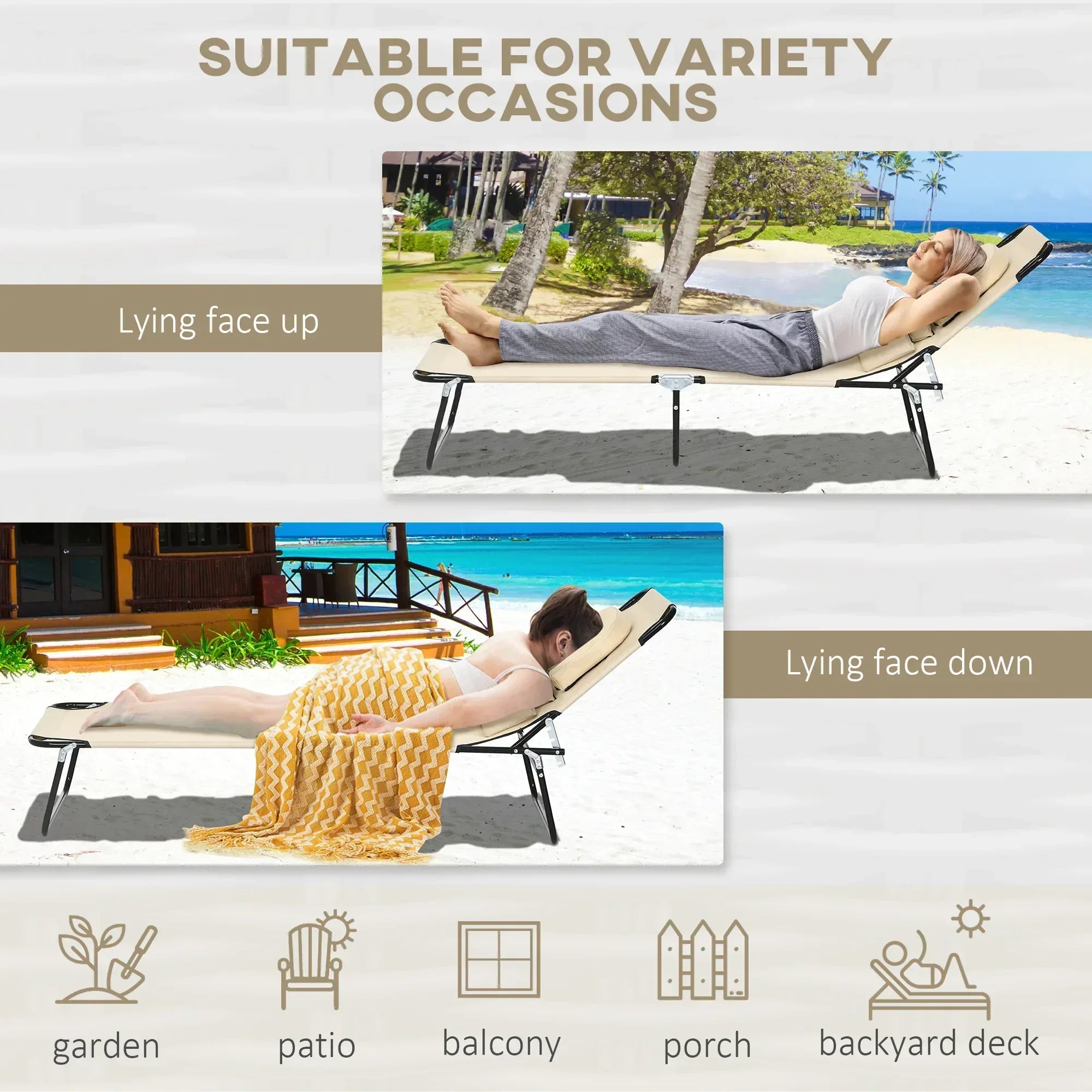 Folding Sun Loungers Set of 2 with Face Hole, 4-Position Adjustable Backrest Garden Recliner Chairs Sunbeds, Outdoor Lounge Chairs with 600 D Oxford Cloth Seat, Pillow for Beach, Sand - Bobobiy